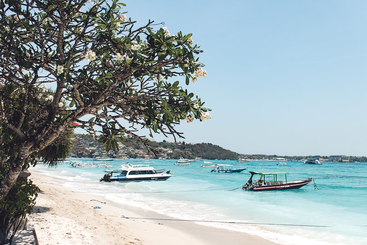 A calm pool and ocean view at a tropical retreat in Nusa Lembongan.